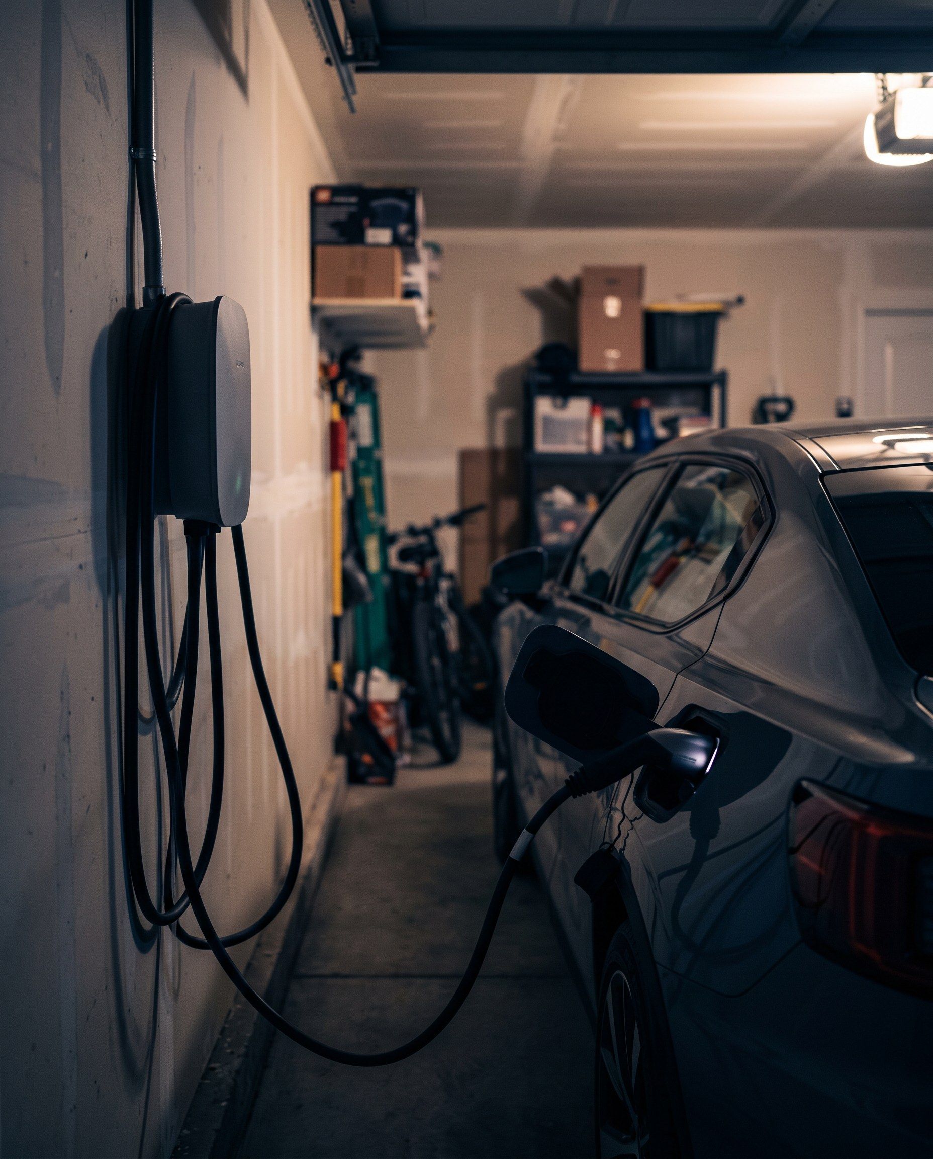 Carregador wallbox instalado em garagem residencial carregando carro elétrico