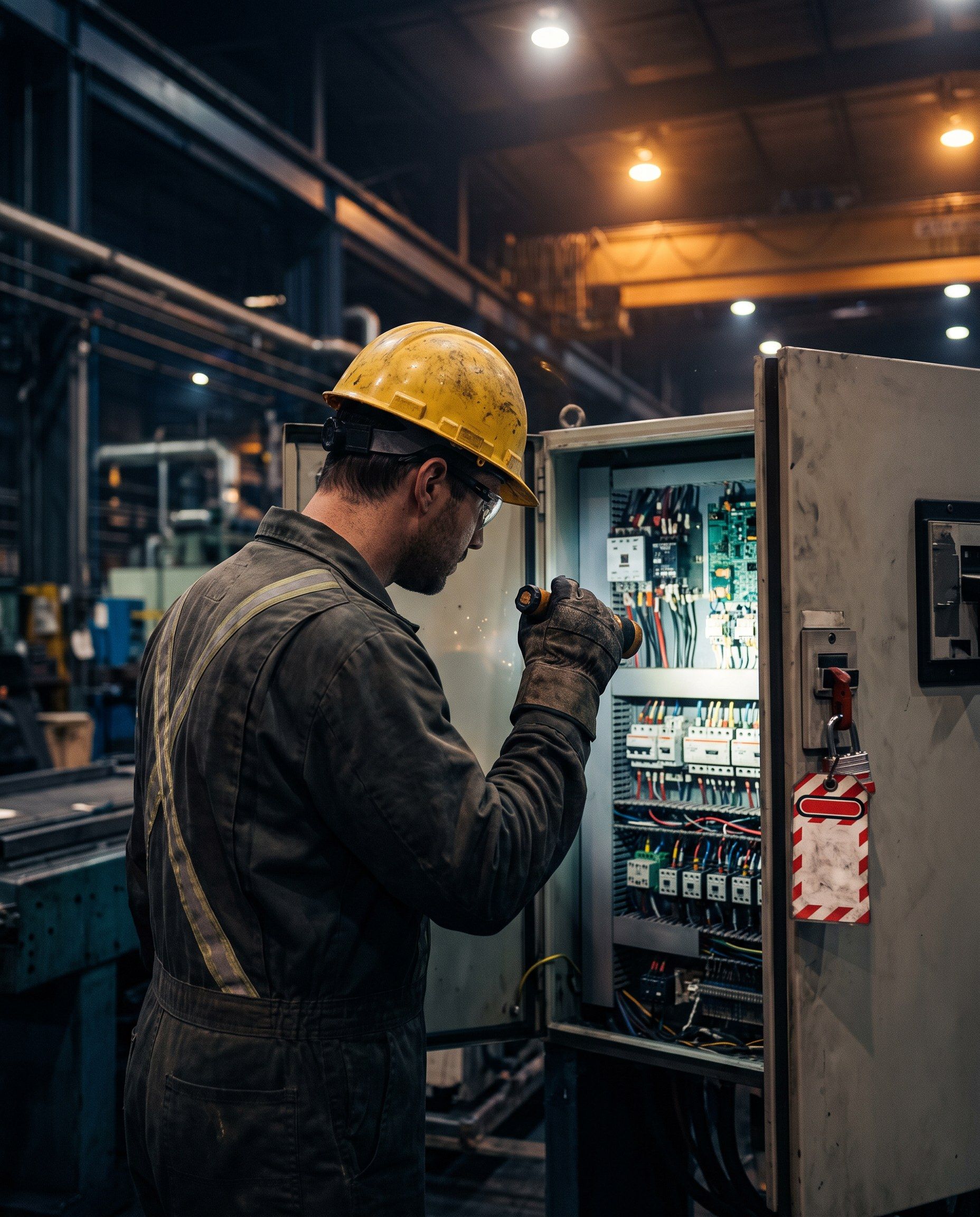 Eletricista com EPI fazendo manutenção em painel elétrico industrial