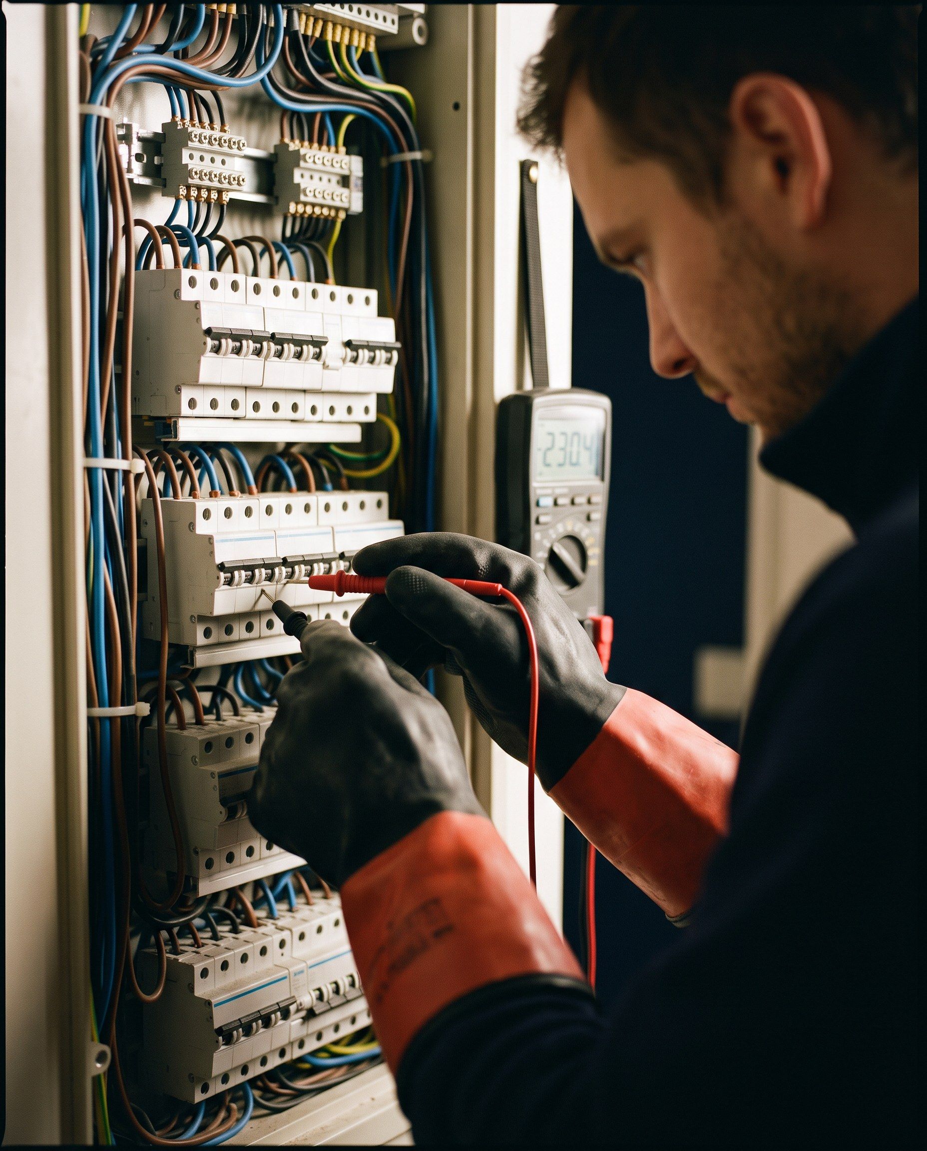 Eletricista fazendo manutenção preventiva em quadro elétrico em Joinville