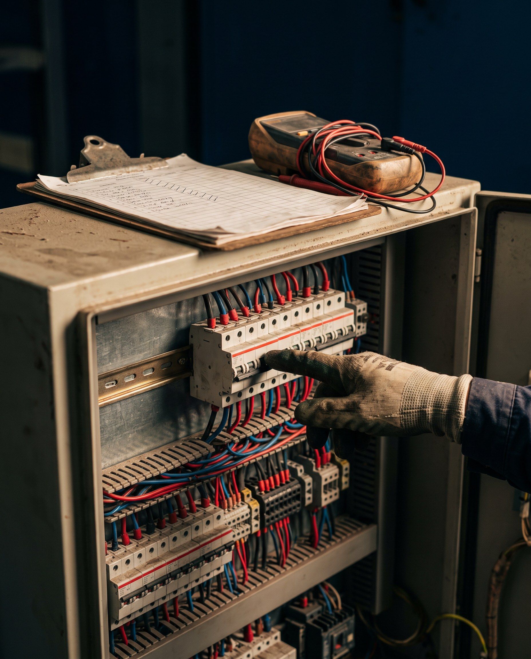 Eletricista medindo tensão em quadro durante manutenção preventiva
