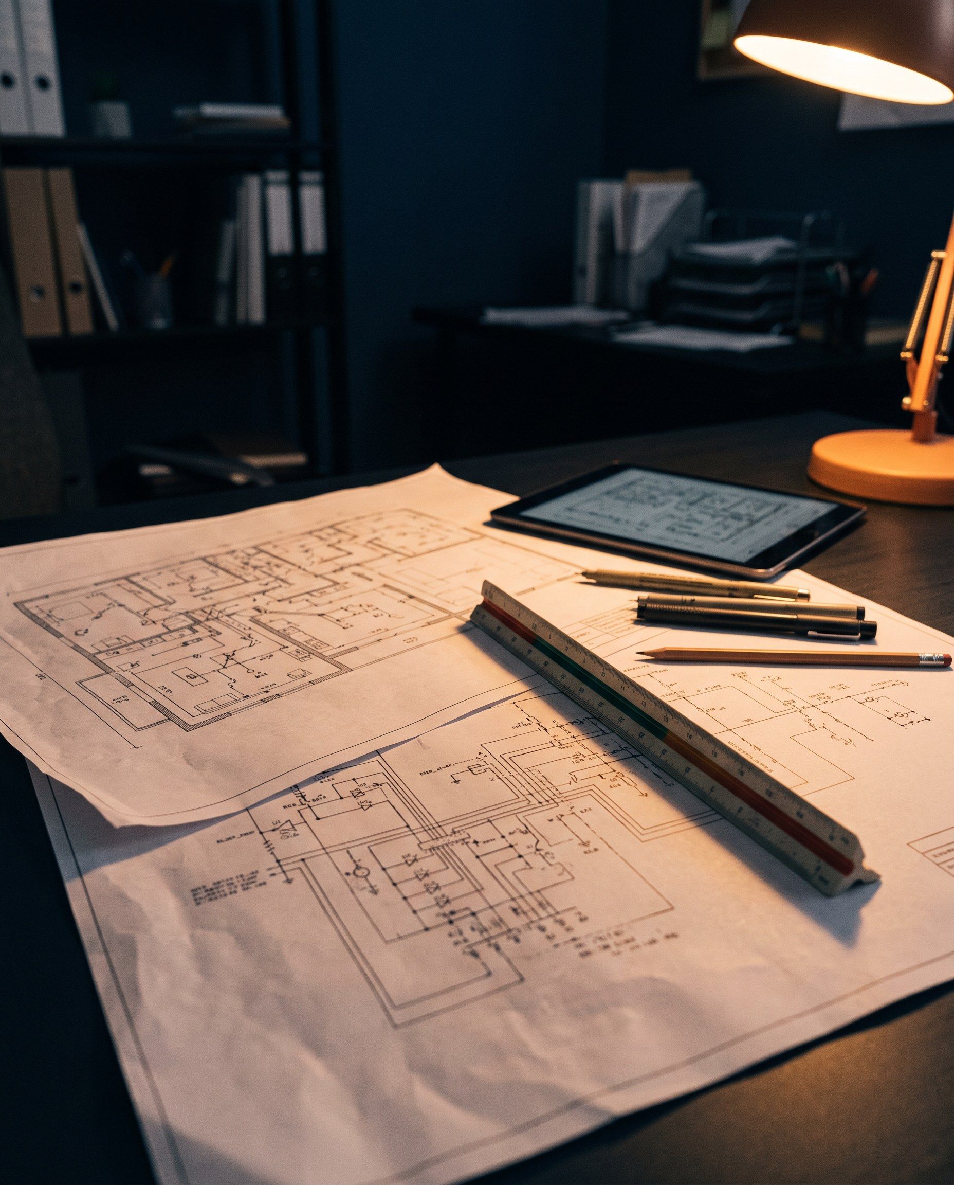 Planta baixa com projeto elétrico e diagrama unifilar sobre a mesa